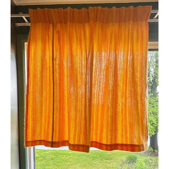 Vintage 70s pleated curtain, orange yellow stripes, thick woven, price for one - Picture 1 of 10